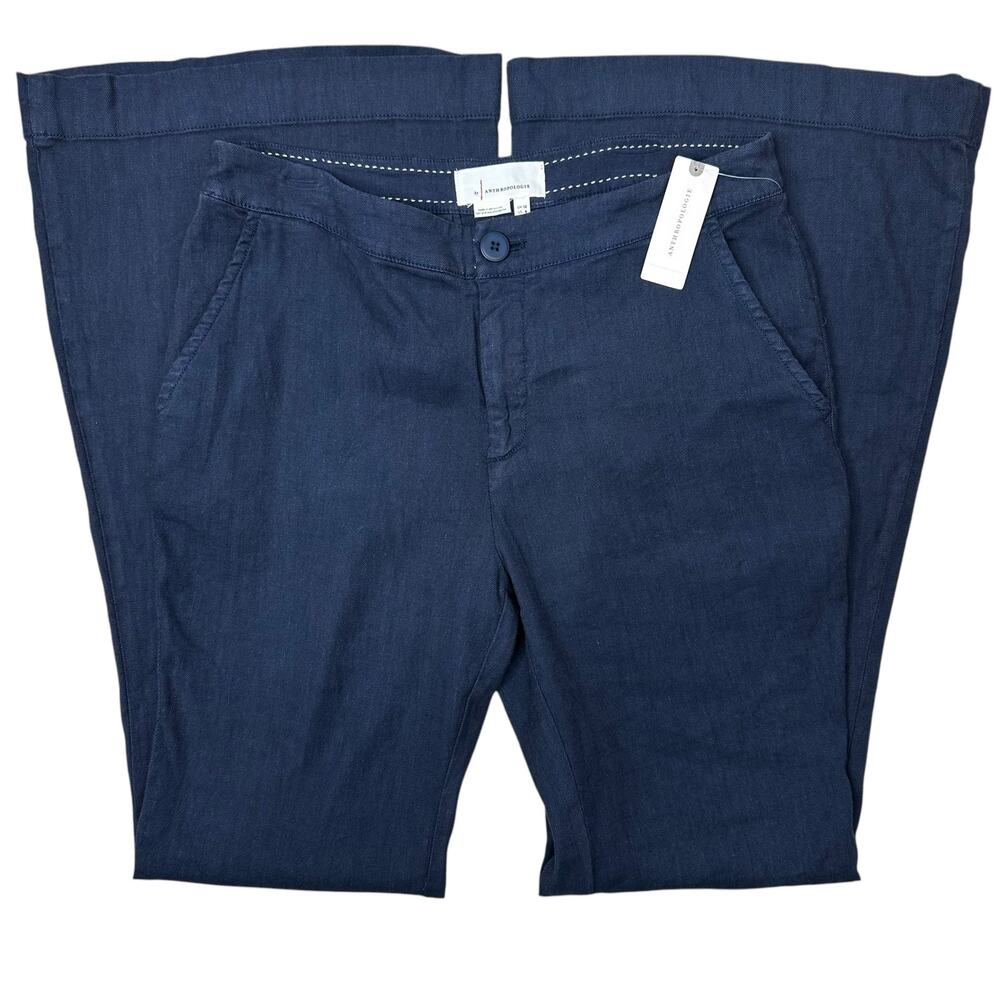 NWT Anthropologie Linen Blend Pants Trousers Size 8 Flared Navy Blue Mid Rise
